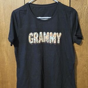 Black Graphic Tee with Floral 'GRAMMY' Design